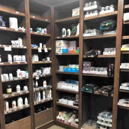 The pharmacy shelves stocked with prescription medicine at Shady Brook Animal Hospital